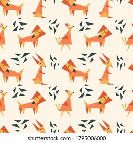 Children's seamless pattern with dog, hare and bird. Fun geometric background for fabric, Wallpaper and other surfaces.