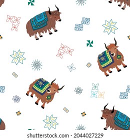 Children's seamless pattern with domestic yak and Tibetan elements. Cute vector hand drawn yak background. Vector illustration isolated on white background