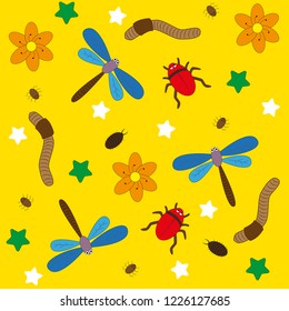 Children's seamless pattern with dragonflies and beetles and flowers