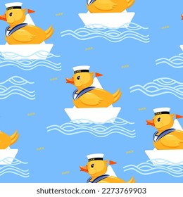Children's seamless pattern duckling sailor in a cap and with a collar sea boy in a white boat on a blue background Vector