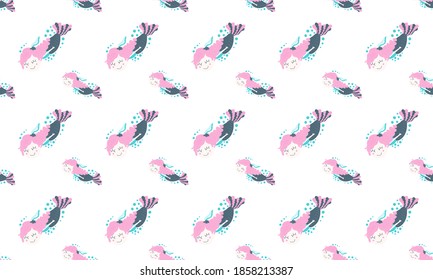 Childrens seamless pattern of floating little mermaid girls with pink hair braids and bubbles on a white background. Vector.