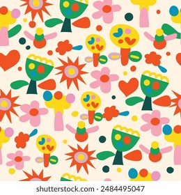 Children's seamless pattern with flowers. Cute texture for kids room design, Wallpaper, textiles, wrapping paper, apparel. 