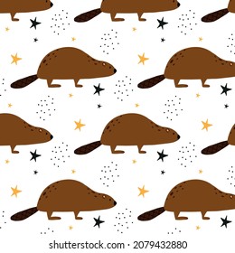 Childrens seamless pattern with flowers and stars. Patern with a cute beaver.