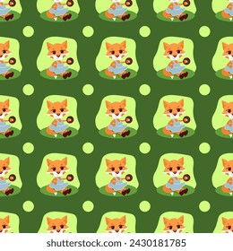 children's seamless pattern fox in a clearing with a donut , on a green background with circles