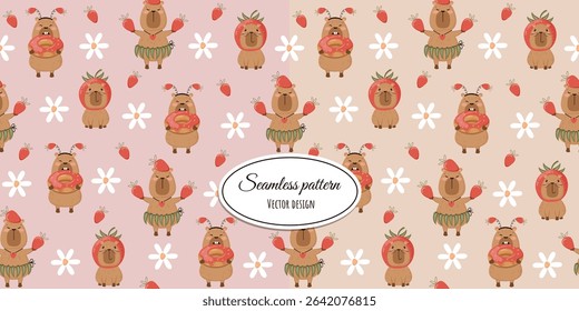 Children's seamless pattern with funny capybaras, strawberries and flowers. Vector design for fabric, wallpaper, wrapping paper and more.