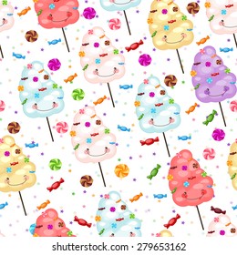 Children's seamless pattern of funny cotton candy, candy and colorful stars. Seamless pattern of sweets, cotton candy, lollipops.