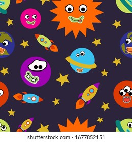 Children's seamless pattern with funny planets. Sun, Uranus, Mars, Earth, Mercury, Saturn, Venus, Jupiter, rockets, stars. For packaging design, wallpaper, textiles, clothing.