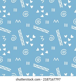 children's seamless pattern with geometric shapes and heart symbol, blue white
