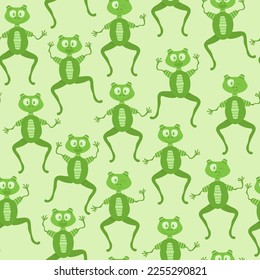 Children's seamless pattern with green aliens on a yellow background. Background with cartoon-style drawing in vector