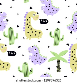 Children's seamless pattern with hand drawn dino in scandinavian style. Creative background for fabric, textile, wrapping. Vector illustration.