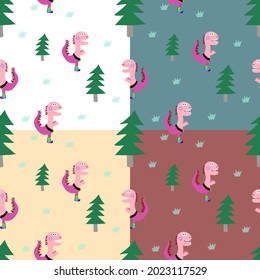 Children's seamless pattern. with hand drawn pink dino and pine creative vector background for fabric textile.