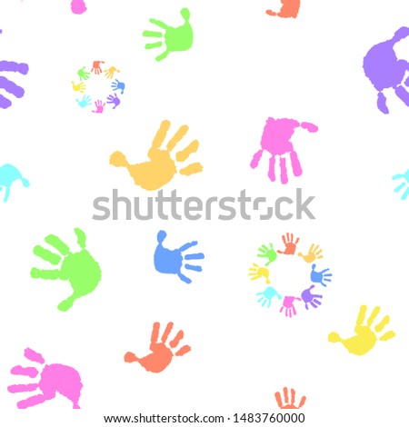 Children's seamless pattern of hand print on a white background. Vector illustration of a prints of palms. Children's hands, circle, kid handprint, baby palms, watercolor.