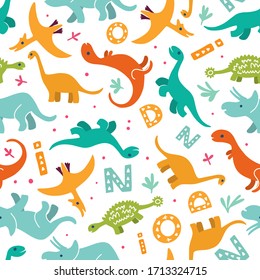 Children's seamless pattern with a hand-drawn dinosaur in the Scandinavian style. Vector children's background for fabric, textiles, paper