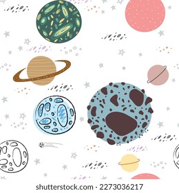 Children's seamless pattern with a hand-drawn space of elements, planets. Fashionable children's vector background.