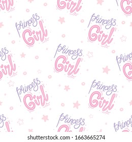 Children's seamless pattern with hearts, girl text , stars. Printing design for children 's clothing. Typographic design.