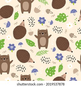 Children's seamless pattern with hedgehogs, bears, leaves, spring flowers. Cute design of fabrics, clothes for newborns, dishes,wallpaper, notebooks, albums,diaries with bears, hedgehogs. Doodle style