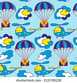 children's seamless pattern, helicopters and parachutes with gifts on a blue background