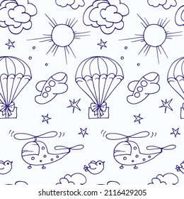 children's seamless pattern, helicopters and parachutes with gifts on a blue background