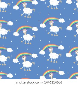 Children's seamless pattern. Horses against the cloudy sky with rainbows and drops. 