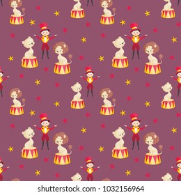 Children's seamless pattern with the image of circus trained animals. Colorful vector background.