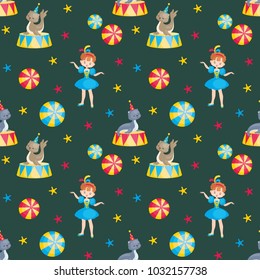 Children's seamless pattern with the image of circus trained animals. Colorful vector background.