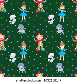 Children's seamless pattern with the image of circus trained animals. Colorful vector background.