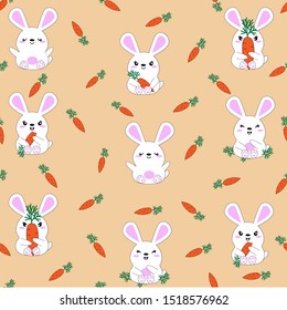 Children's seamless pattern with the image of cute hares and rabbits with carrots. Kawaii animals for wallpaper and wrapping paper. Cartoon animals with a variety of emotions. Funny character.