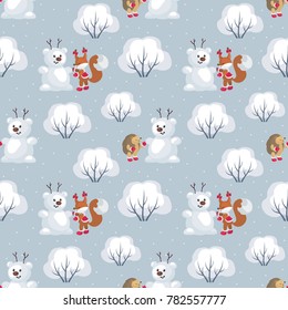 Children's seamless pattern with the image of funny woodland animals and snowmen. Vector background.