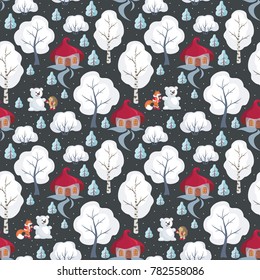 Children's seamless pattern with the image of funny woodland animals and snowmen. Vector background.
