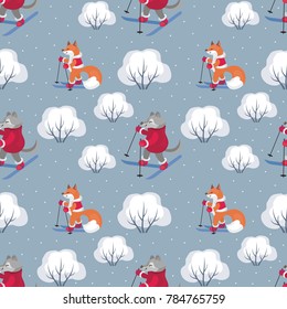 Children's seamless pattern with the image of funny forest animals and winter landscape. Vector background.