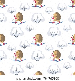 Children's seamless pattern with the image of funny forest animals and winter landscape. Vector background.