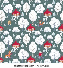 Children's seamless pattern with the image of funny forest animals and winter landscape. Vector background.