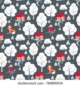 Children's seamless pattern with the image of funny forest animals and winter landscape. Vector background.