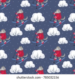 Children's seamless pattern with the image of funny forest animals and winter landscape. Vector background.