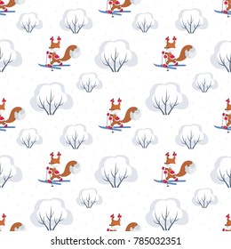 Children's seamless pattern with the image of funny forest animals and winter landscape. Vector background.