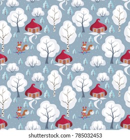 Children's seamless pattern with the image of funny forest animals and winter landscape. Vector background.