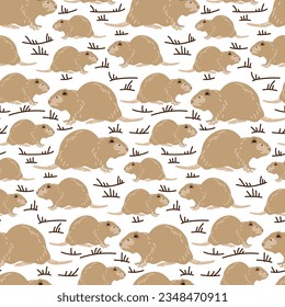 Children's seamless pattern with the image of nutria on a white background. A brown animal with a tail walks in the grass. Repeating texture for printing on textiles and paper