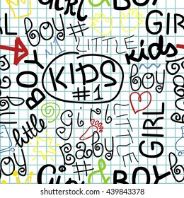 Children's seamless pattern with letters on a checkered background and the words Boy, Girl, Baby
