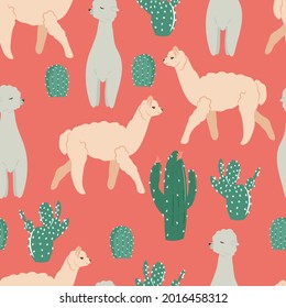 Children's seamless pattern with a llama and cacti, hand-drawn elements, cute cartoon style, stylish alpaca pattern, delicate shades, children's texture is great for fabric, vector illustration