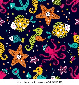 Children's seamless pattern with marine motifs.