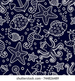 Children's seamless pattern with marine motifs. Line background.