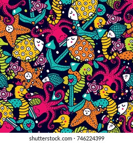 Children's seamless pattern with marine motifs.