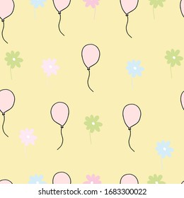 
Children's seamless pattern of multicolored flowers and balloons on a yellow background