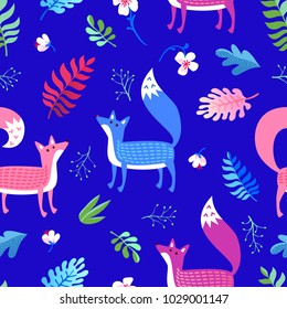 Children's seamless pattern. Multicolored foxes in the night rainforest. Exotic plants, flowers and leaves.
