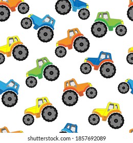 Children's seamless pattern with multicolored tractors on white background.