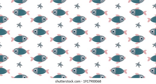 Children's seamless pattern on the marine theme. Ocean and travel design for kids. Children's textile design.
