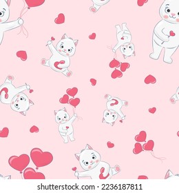 children's seamless pattern on a pink background with cats with heart balloons