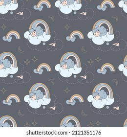 Children's seamless pattern on the theme of sleep. Attributes of the night and magical childhood dreams. Vector. Textiles, Packaging paper. Background.