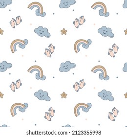 Children's seamless pattern on the theme of sleep. Attributes of the night and magical childhood dreams. Vector. Textiles, Packaging paper. Background.
