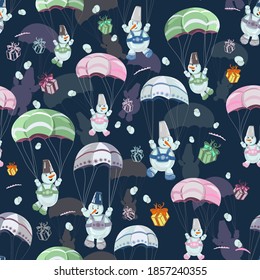 Children's seamless pattern on a winter theme. Isolated vector with cartoon snowmen flying on parachutes of different colors and gifts on dark blue background